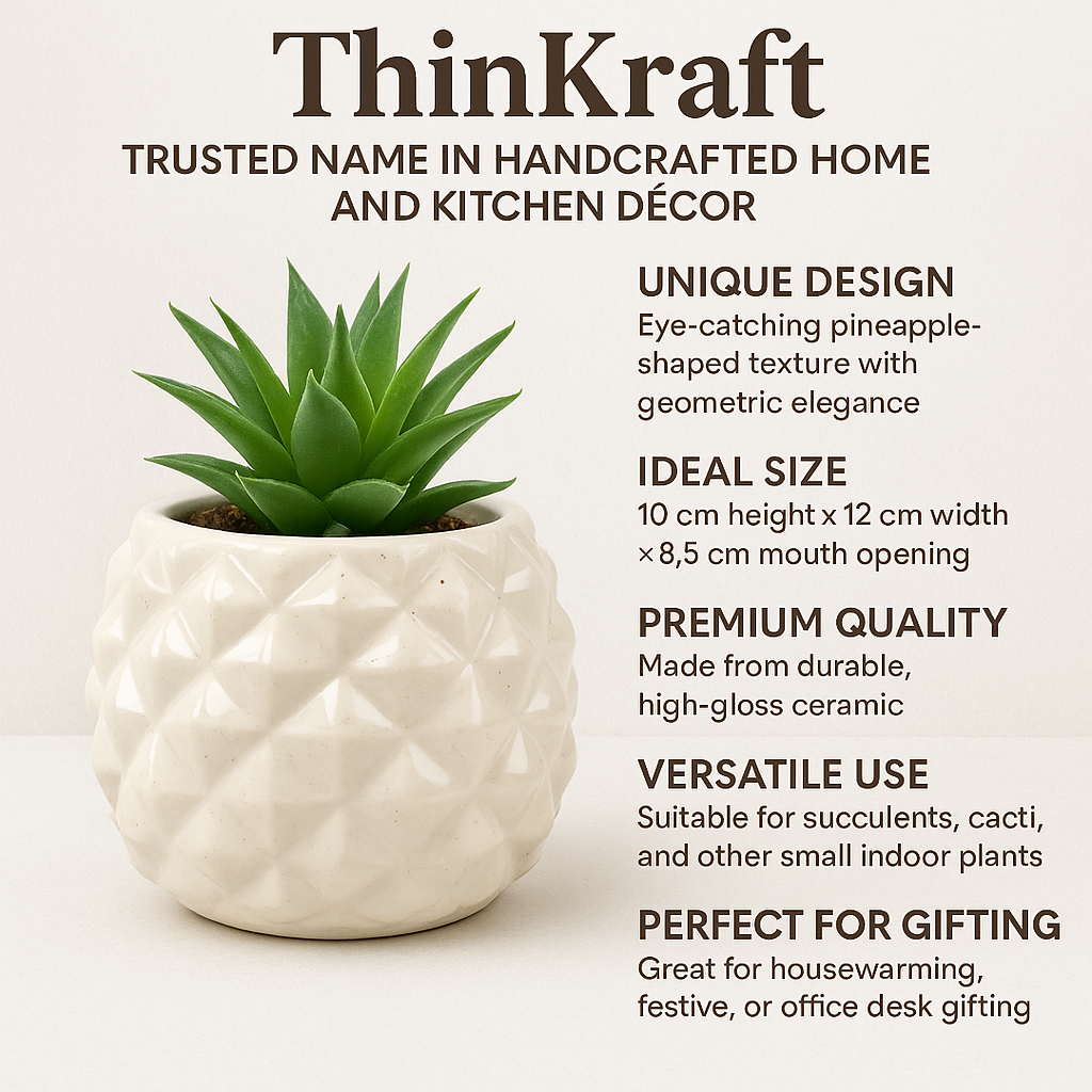Ivory White Pineapple Ceramic Planter – 10x12 cm | Small Indoor Pot for Succulents