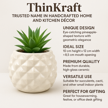 Ivory White Pineapple Ceramic Planter – 10x12 cm | Small Indoor Pot for Succulents