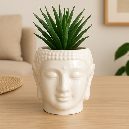 Buddha Head Planter | Glossy White Ceramic Pot for Indoor Plants