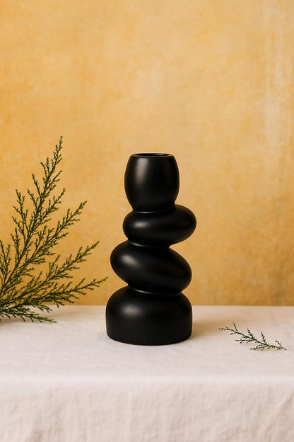 Stacked Pebble Ceramic Vase – 9 inch (21.6 cm) Black Modern Centerpiece