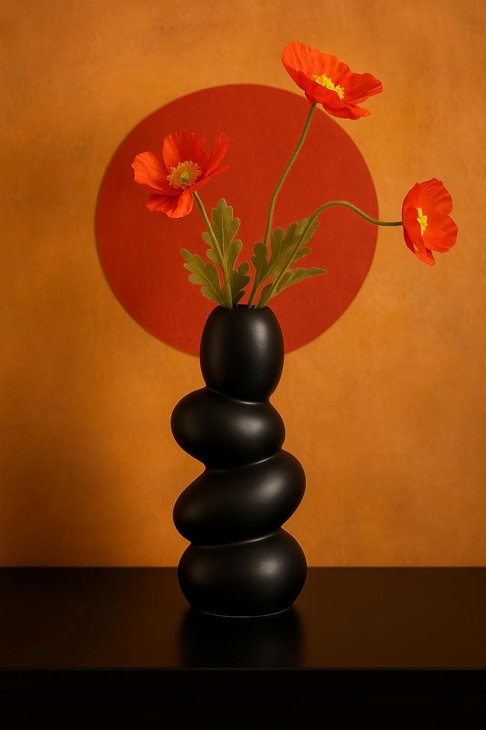 Stacked Pebble Ceramic Vase – 9 inch (21.6 cm) Black Modern Centerpiece