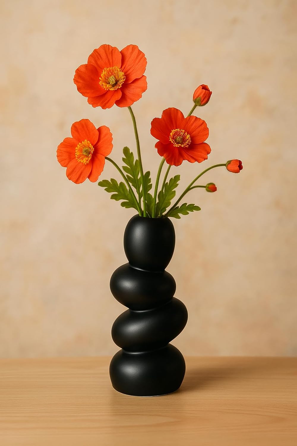 Stacked Pebble Ceramic Vase – 9 inch (21.6 cm) Black Modern Centerpiece