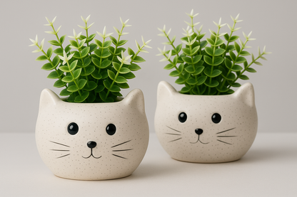 Elegant Ceramic Cat Planters (Set of 2) - White
